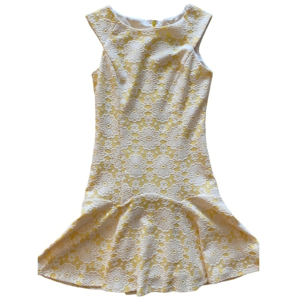 Nanette‎ Lepore Yellow White Floral Lace Drop Waist Flounce Hem Dress Size 12